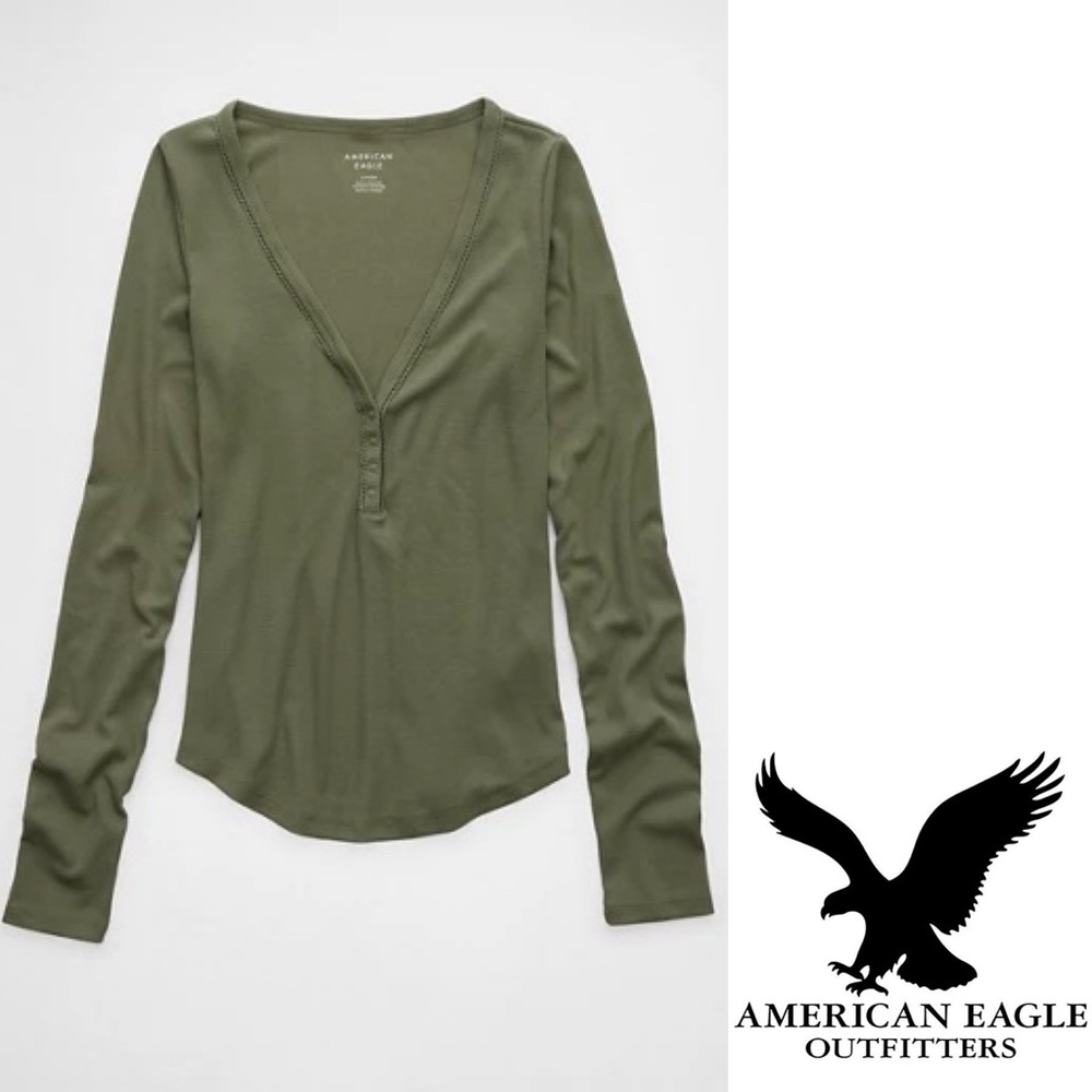 American Eagle AE Women's Long Sleeve Henley T-Shirt Top Size XL Olive Brand New